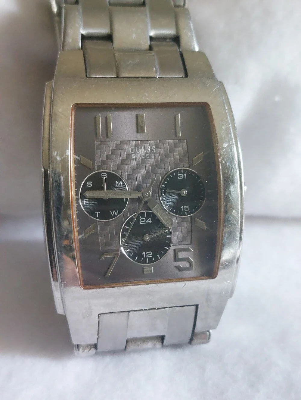 GUESS Steel Square Tank Watch Gunmetal Dial Subdials Silver Tone - Needs Battery
